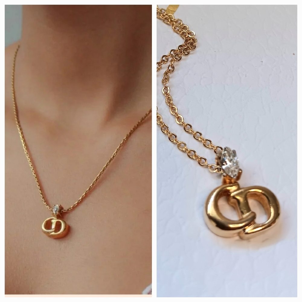 Christian Dior ✨️Cat Eye Gemstone Pendant 1990s Vintage Gold Plated Necklace - Picture 1 of 13